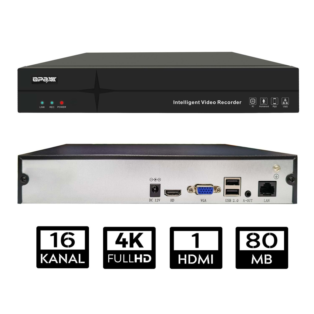 OPAX-16800 16 Kanal 4K VGA/HDMI H.265 16 KANAL SES 1 HDD NVR KAYIT CİHAZI